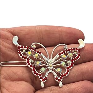 Elegant Silver Butterfly Hair Clip with Red Crystal Rhinestone 3,0”